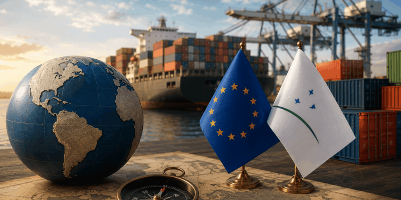 Accordo UE-Mercosur con nave cargo e porto container, simbolo del commercio internazionale tra Europa e Sud America