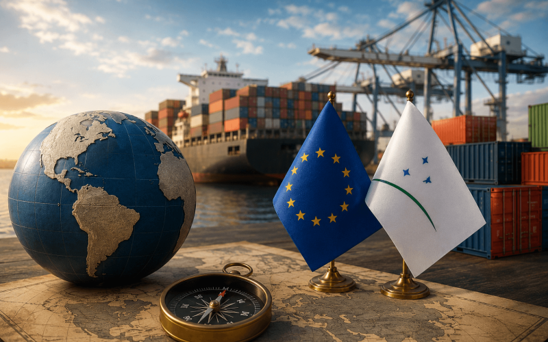 Accordo UE-Mercosur con nave cargo e porto container, simbolo del commercio internazionale tra Europa e Sud America