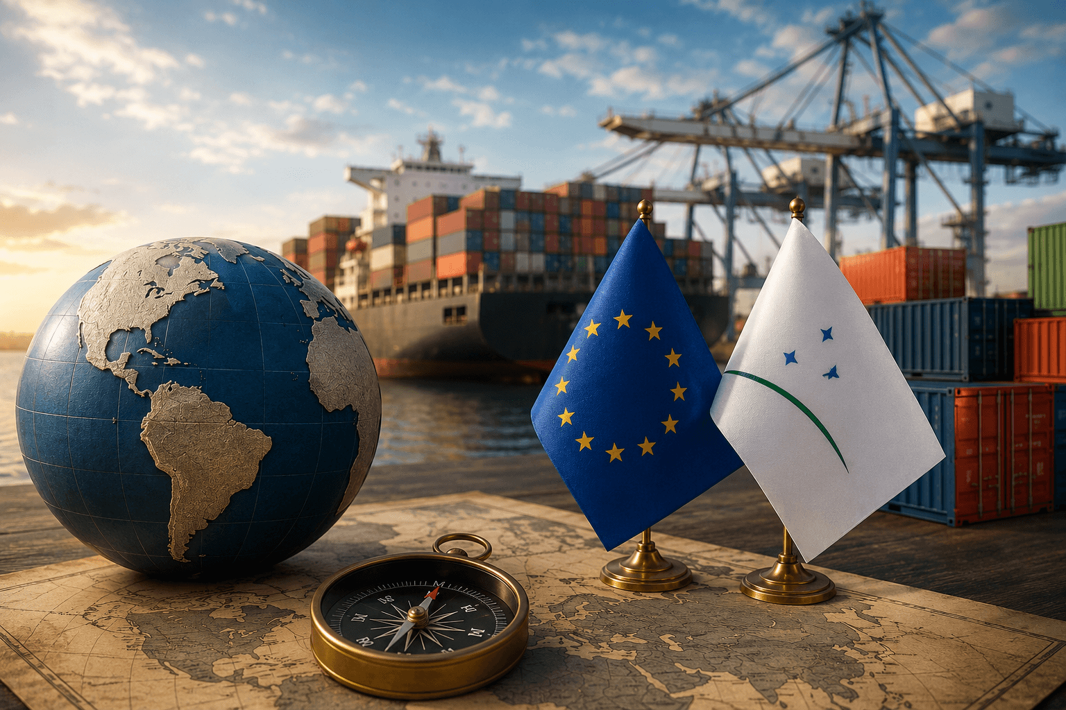 Accordo UE-Mercosur con nave cargo e porto container, simbolo del commercio internazionale tra Europa e Sud America
