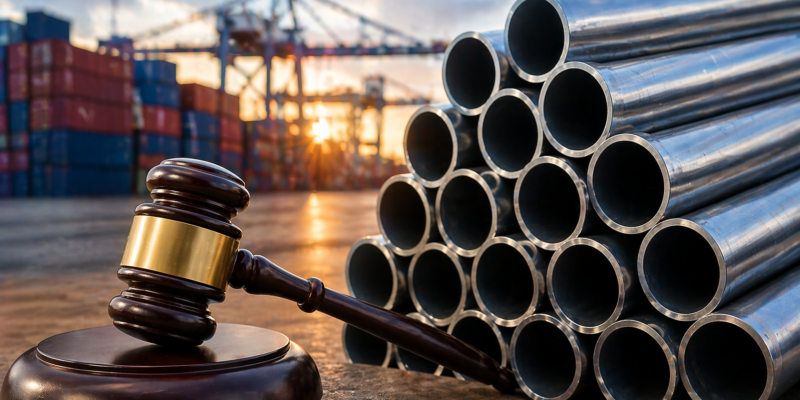 Martello del giudice accanto a tubi di acciaio in un porto commerciale, simbolo della sentenza della Cassazione sull’origine doganale e sulla lavorazione sostanziale