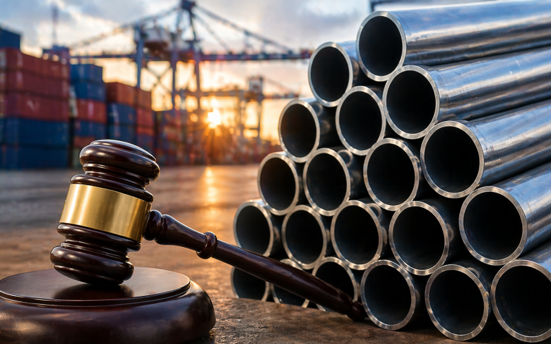 Martello del giudice accanto a tubi di acciaio in un porto commerciale, simbolo della sentenza della Cassazione sull’origine doganale e sulla lavorazione sostanziale