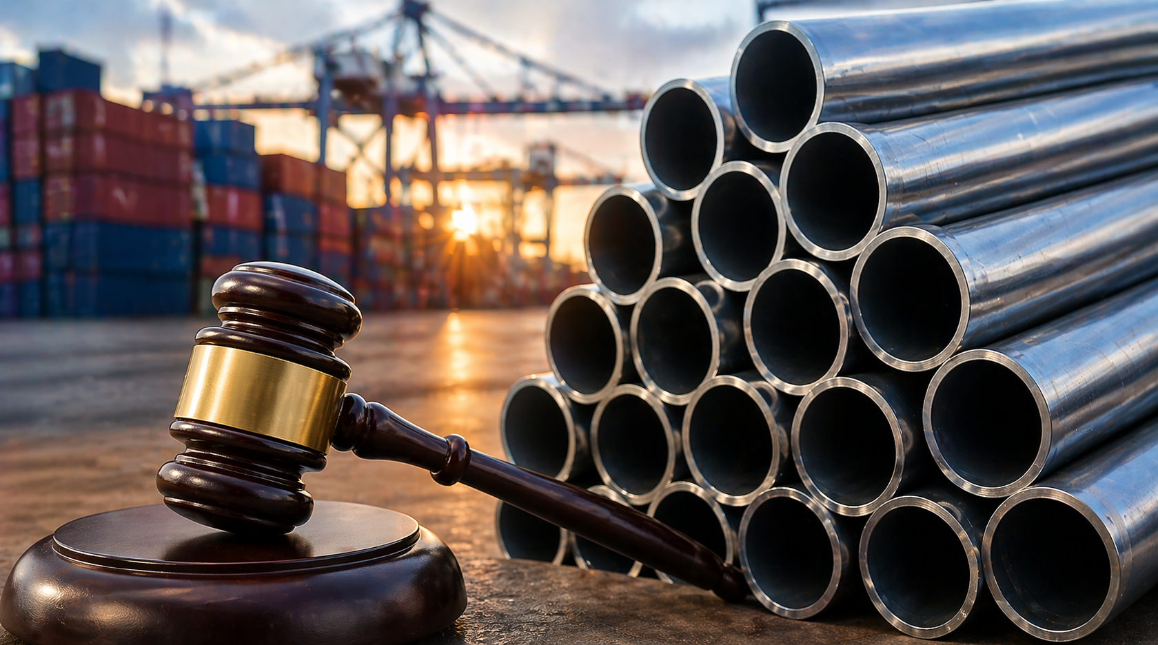 Martello del giudice accanto a tubi di acciaio in un porto commerciale, simbolo della sentenza della Cassazione sull’origine doganale e sulla lavorazione sostanziale