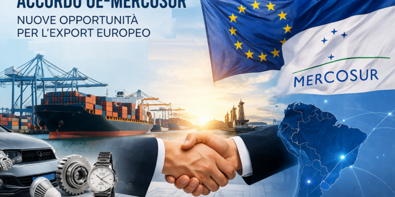 Accordo commerciale UE-Mercosur con container, nave cargo e collegamenti globali tra Europa e Sud America