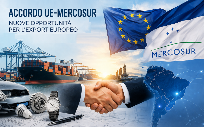Accordo commerciale UE-Mercosur con container, nave cargo e collegamenti globali tra Europa e Sud America