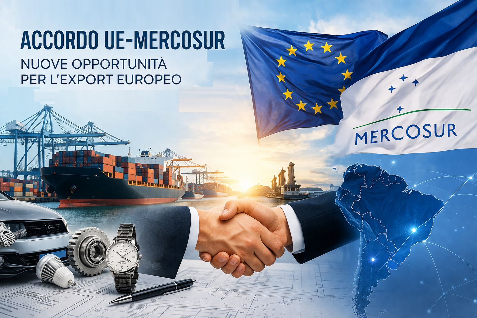 Accordo commerciale UE-Mercosur con container, nave cargo e collegamenti globali tra Europa e Sud America