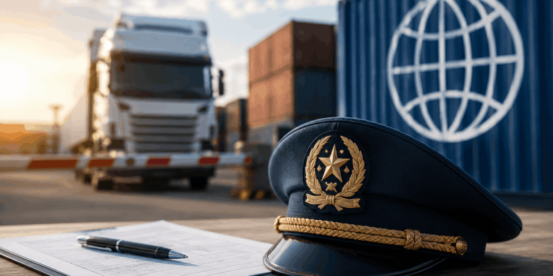 Funzionario doganale, documentazione e container in un terminal logistico, simbolo del ravvedimento operoso, della revisione della dichiarazione doganale e della compliance nel commercio internazionale - Centro Studi ARcom