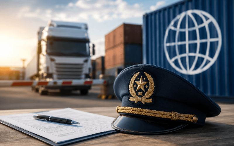 Funzionario doganale, documentazione e container in un terminal logistico, simbolo del ravvedimento operoso, della revisione della dichiarazione doganale e della compliance nel commercio internazionale - Centro Studi ARcom