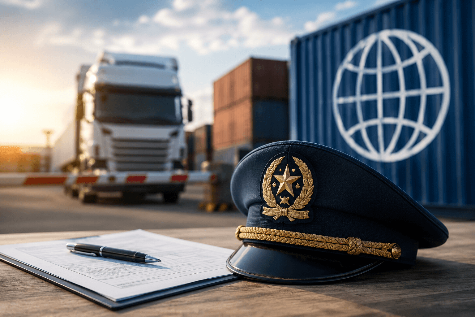 Funzionario doganale, documentazione e container in un terminal logistico, simbolo del ravvedimento operoso, della revisione della dichiarazione doganale e della compliance nel commercio internazionale - Centro Studi ARcom