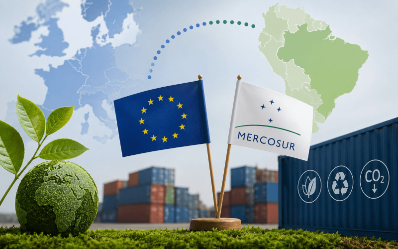 Illustrazione del Centro Studi ARcom dedicata all'Accordo UE-Mercosur, con le bandiere dell'Unione europea e del Mercosur, container per il commercio internazionale ed elementi che richiamano la sostenibilità ambientale