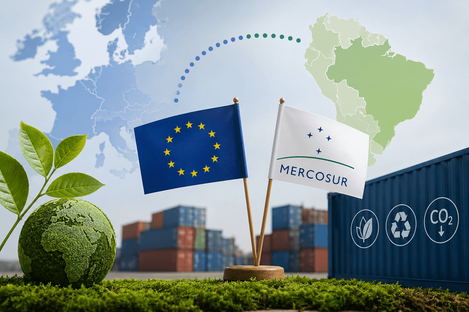 Illustrazione del Centro Studi ARcom dedicata all'Accordo UE-Mercosur, con le bandiere dell'Unione europea e del Mercosur, container per il commercio internazionale ed elementi che richiamano la sostenibilità ambientale