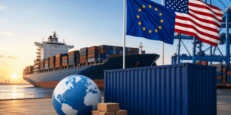 Accordo UE-USA con nave portacontainer, bandiere di Unione europea e Stati Uniti e container nel porto a rappresentare i nuovi dazi preferenziali e i contingenti tariffari introdotti nel 2026