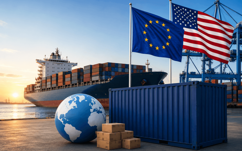 Accordo UE-USA con nave portacontainer, bandiere di Unione europea e Stati Uniti e container nel porto a rappresentare i nuovi dazi preferenziali e i contingenti tariffari introdotti nel 2026