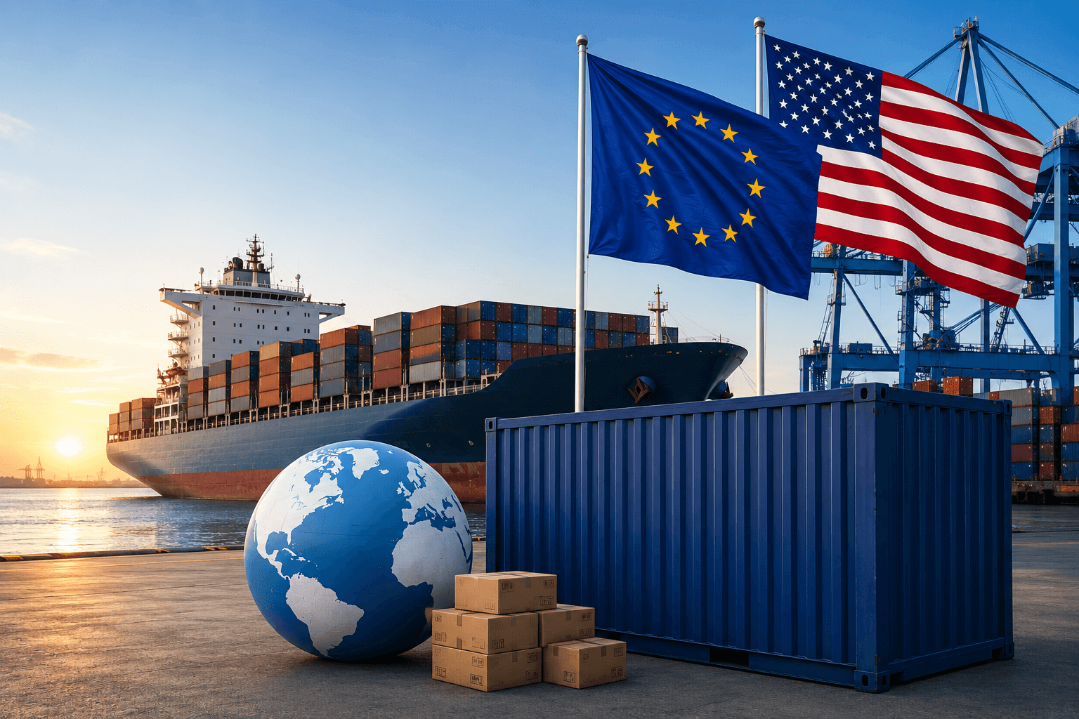 Accordo UE-USA con nave portacontainer, bandiere di Unione europea e Stati Uniti e container nel porto a rappresentare i nuovi dazi preferenziali e i contingenti tariffari introdotti nel 2026
