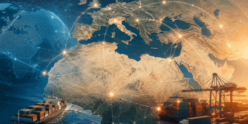 Illustrazione del commercio tra Italia e Africa con rotte logistiche, porto container e rete euro-mediterranea che rappresenta la Convenzione PEM e le regole di origine preferenziale