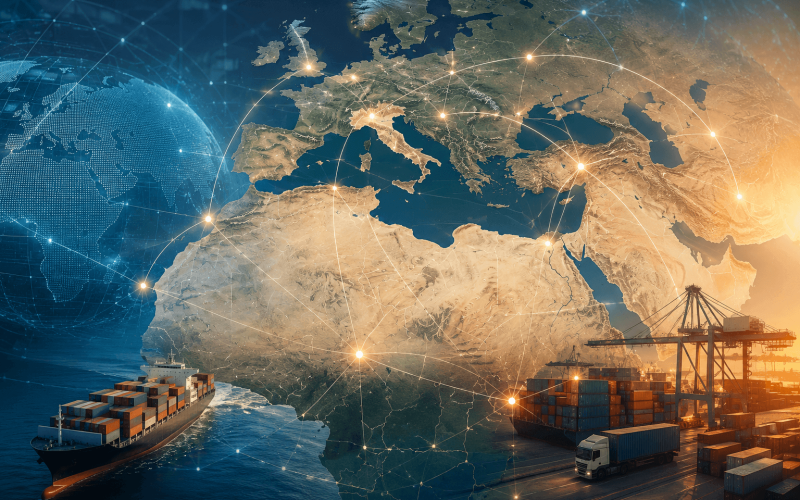 Illustrazione del commercio tra Italia e Africa con rotte logistiche, porto container e rete euro-mediterranea che rappresenta la Convenzione PEM e le regole di origine preferenziale