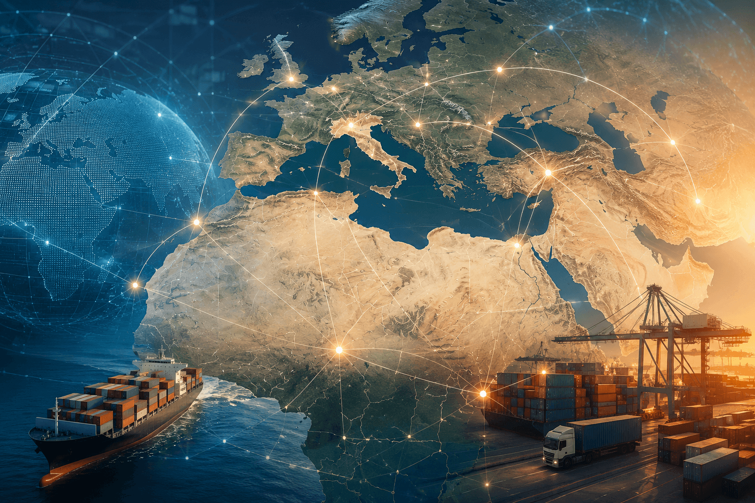Illustrazione del commercio tra Italia e Africa con rotte logistiche, porto container e rete euro-mediterranea che rappresenta la Convenzione PEM e le regole di origine preferenziale