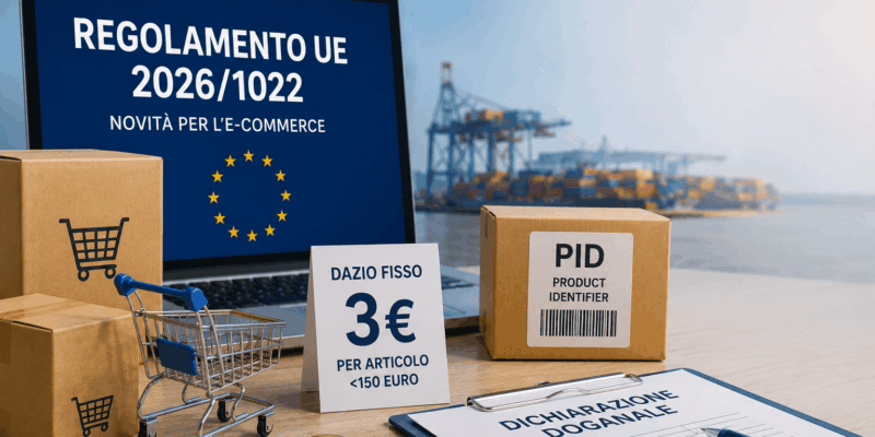 Illustrazione con pacchi e-commerce, dichiarazione doganale e simboli dell'Unione europea sulle nuove regole del dazio di 3 euro. Centro Studi ARcom