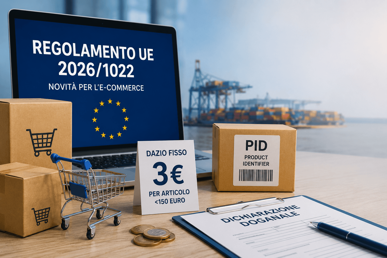 Illustrazione con pacchi e-commerce, dichiarazione doganale e simboli dell'Unione europea sulle nuove regole del dazio di 3 euro. Centro Studi ARcom