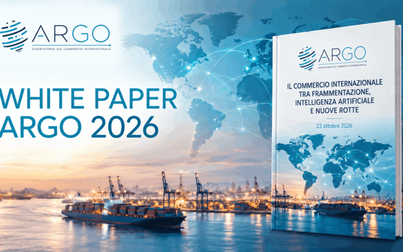 Analisi e prospettive del commercio internazionale - White Paper ARGO 2026 di ARcom sul commercio internazionale, intelligenza artificiale e nuove rotte commerciali, con mappa mondiale e porto container