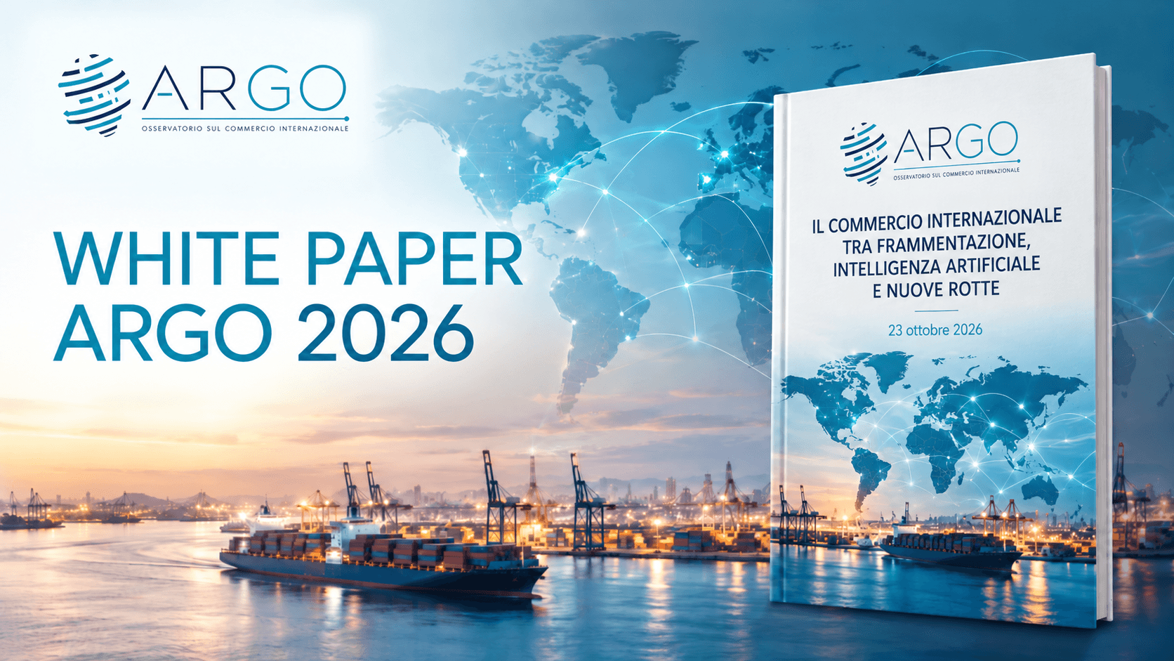 Analisi e prospettive del commercio internazionale - White Paper ARGO 2026 di ARcom sul commercio internazionale, intelligenza artificiale e nuove rotte commerciali, con mappa mondiale e porto container